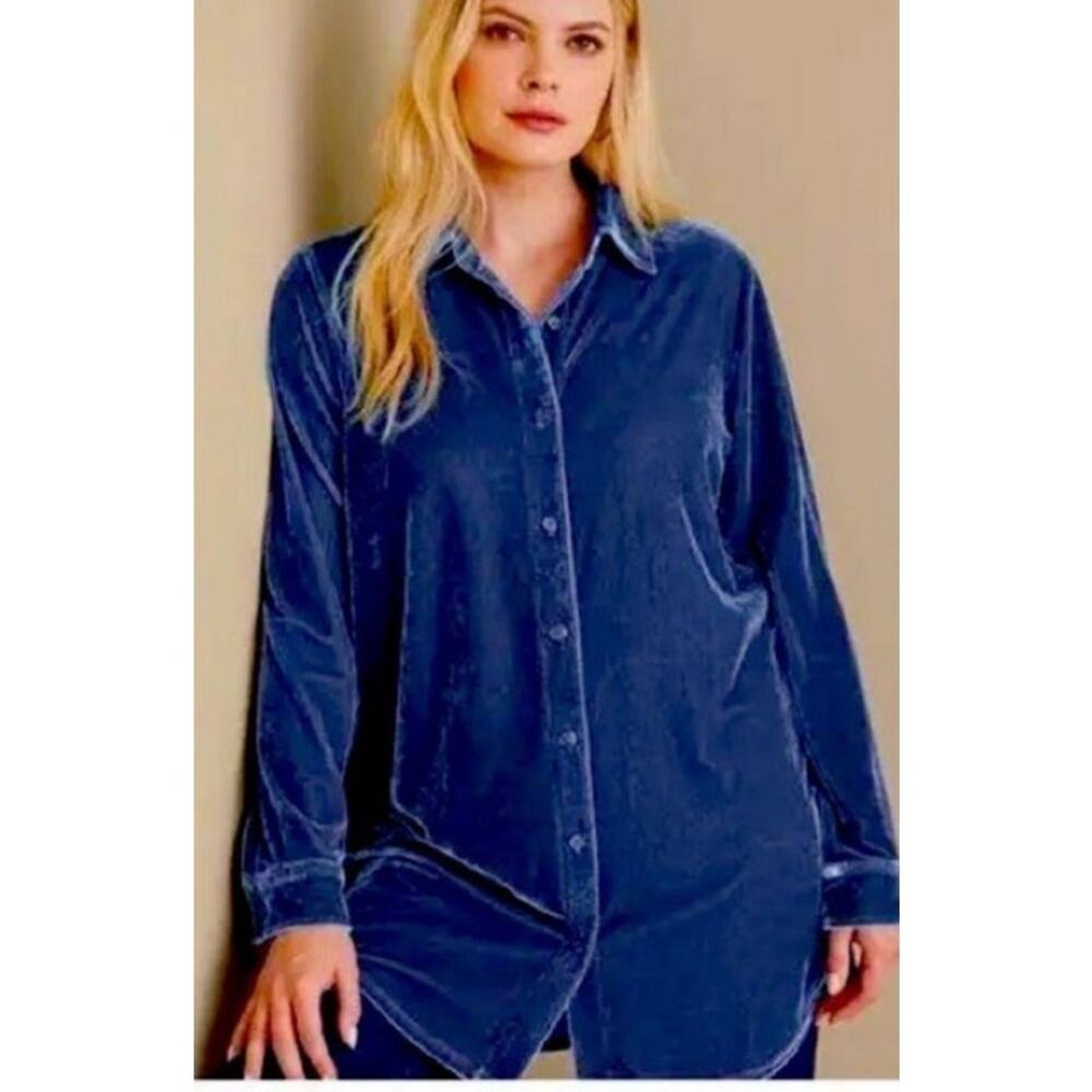 Soft Surroundings Long Sleeve Velvet Boyfriend Shirt Medium Blue Tunic